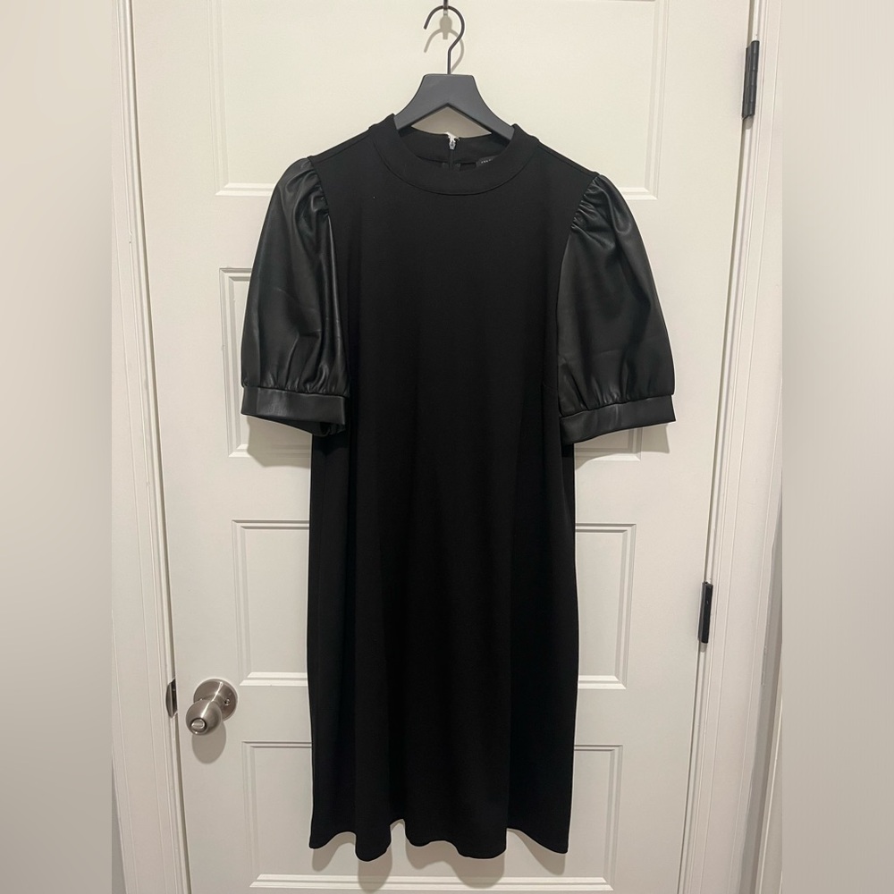 Ann Taylor Factory Black Dress with Leather Puff Sleeves New With Tags